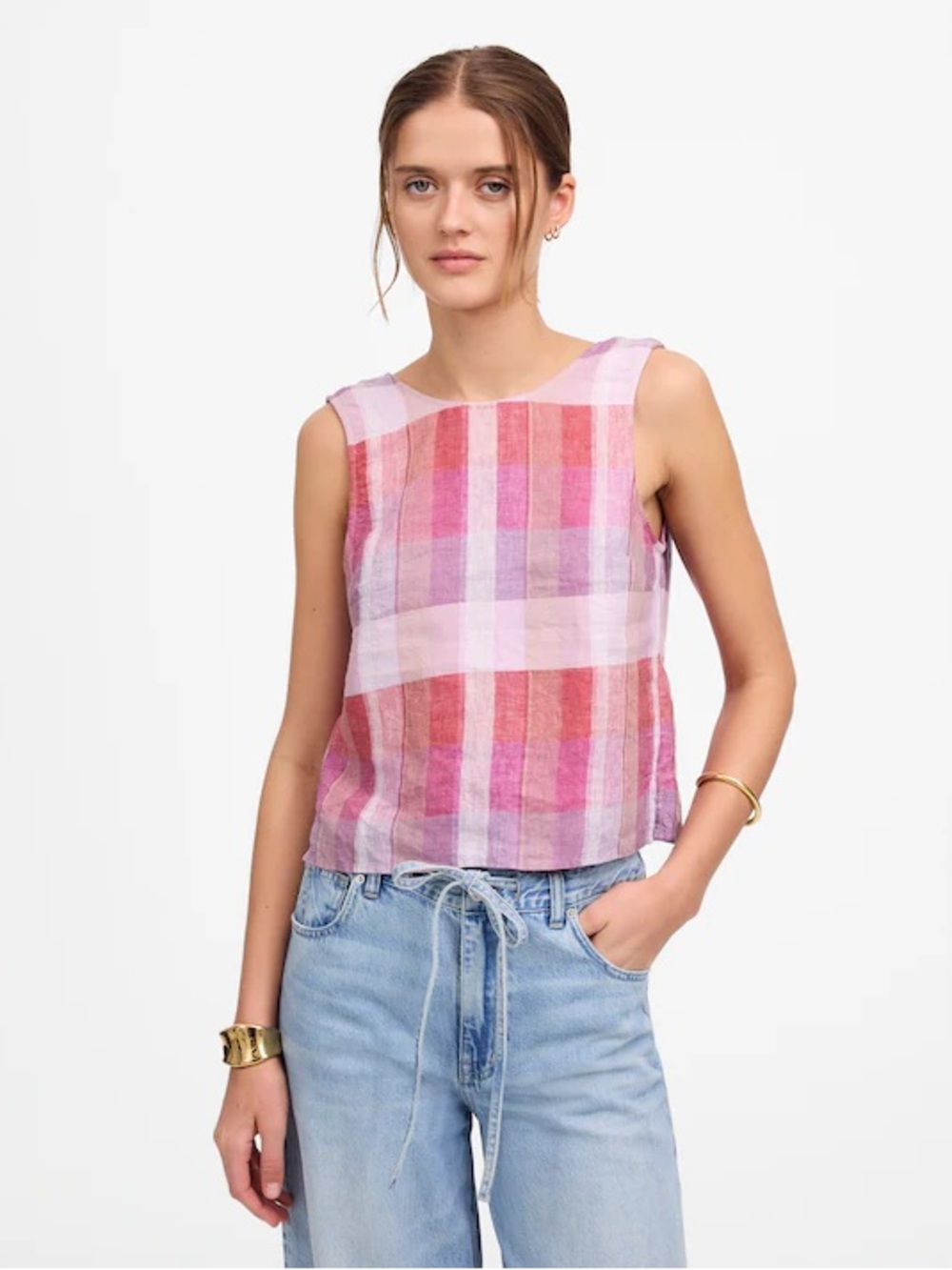Madewell Plaid Tie-Back Tank in 100% Linen Sz 0 in Pink Plaid